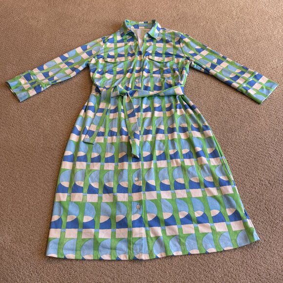 J McLaughlin Brynn Shirt Dress Lyford Jersey Preppy Geometric Print Aqua LARGE - Picture 4 of 16